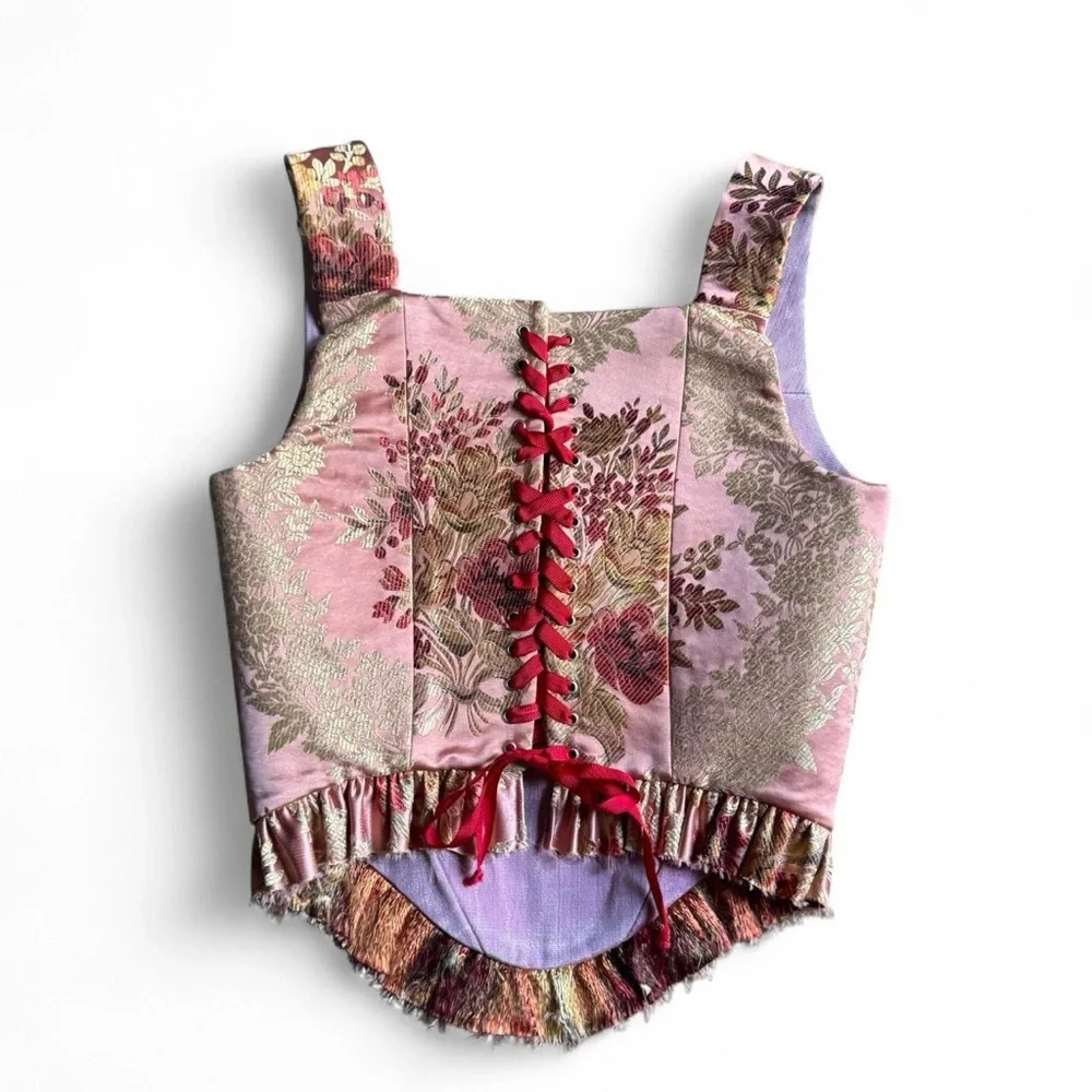 Dilara Findikoglu pink floral brocade corset with frayed hem and red string tie - Picture 5 of 7